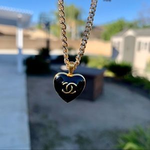 Vintage Chanel black enamel heart necklace
